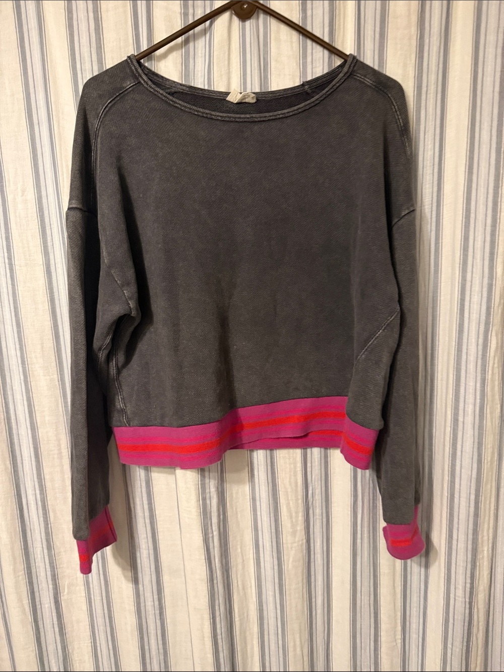 NATURAL LIFE Charcoal Sweatshirt with Pink Stripe Trim